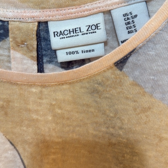 Rachel Zoe Blue Cream Graphic Fitted Cap Sleeve 100% LINEN Top buttons up back - Picture 2 of 3